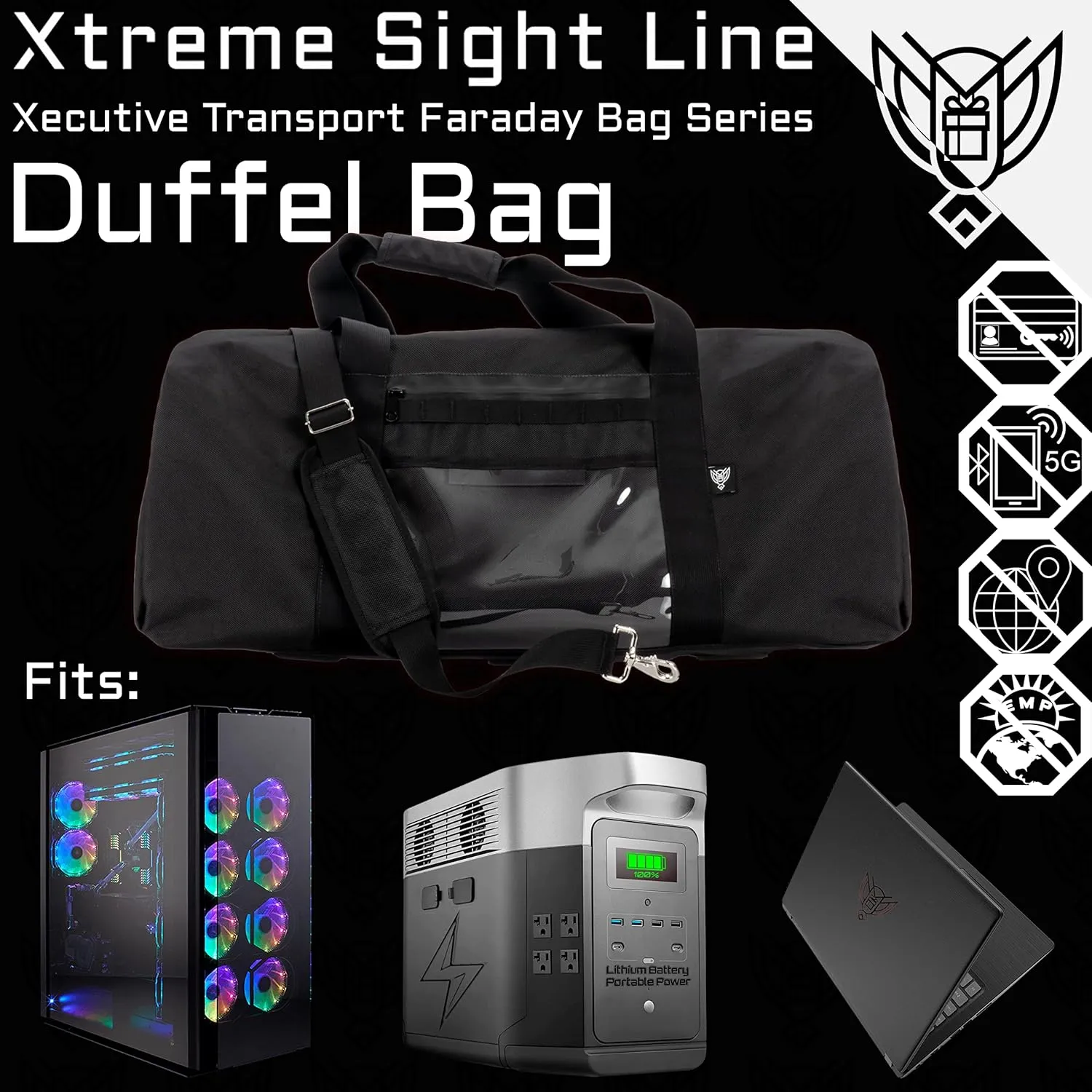 ~ Xecutive Transport Faraday Duffel Bag with Removable XTECH Pouch for Computer Towers and Other Large Electronics ~ Data Security for Executive Travel ~ Shoulder Strap Included