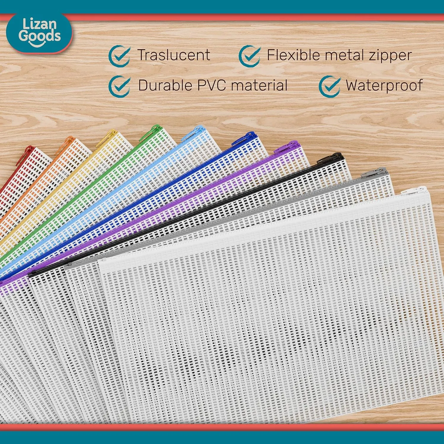 10 Pack Mesh Zipper Pouch Bags - Large Clear Waterproof Plastic Organizers for Puzzles, Toys, Board Games, Kids Projects, Travel Documents, Quilting, Needlepoint, Stitch Supplies, Classroom Storage