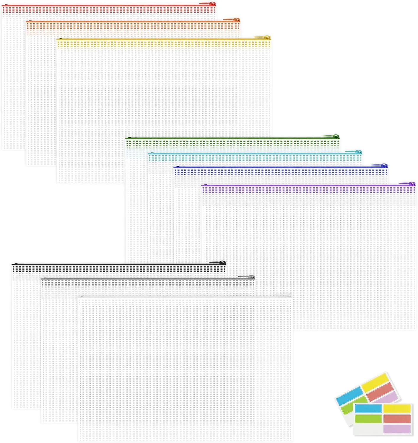 10 Pack Mesh Zipper Pouch Bags - Large Clear Waterproof Plastic Organizers for Puzzles, Toys, Board Games, Kids Projects, Travel Documents, Quilting, Needlepoint, Stitch Supplies, Classroom Storage
