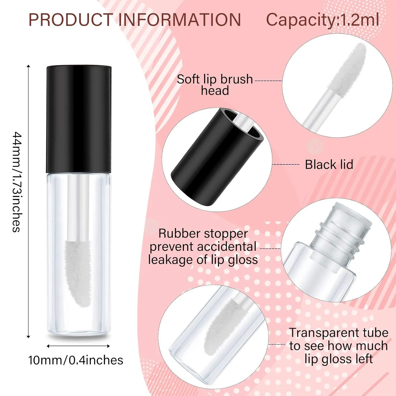 100 Pieces 1.2 ml Clear Mini Lip Gloss Tube Refillable Empty Lip Balm Gloss Containers Bottles Transparent Mini Lipstick Containers for Women DIY Makeup(Black)