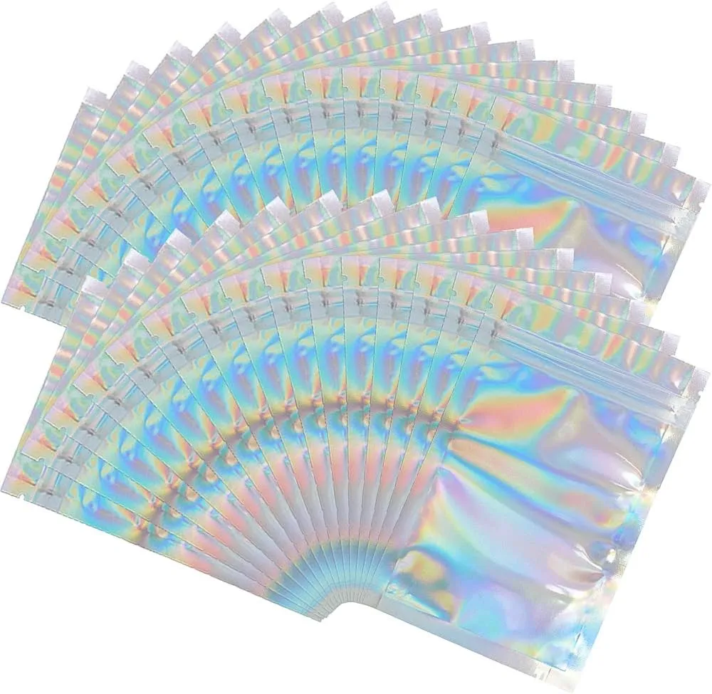 100 Pieces Mylar Holographic Resealable Bags - 5.5 x 7.8" Smell Proof Bags, Foil Pouch for Party Favor Food Storage (Holographic Color, 5.5 x 7.8 Inch)