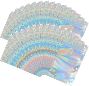100 Pieces Mylar Holographic Resealable Bags - 5.5 x 7.8" Smell Proof Bags, Foil Pouch for Party Favor Food Storage (Holographic Color, 5.5 x 7.8 Inch)