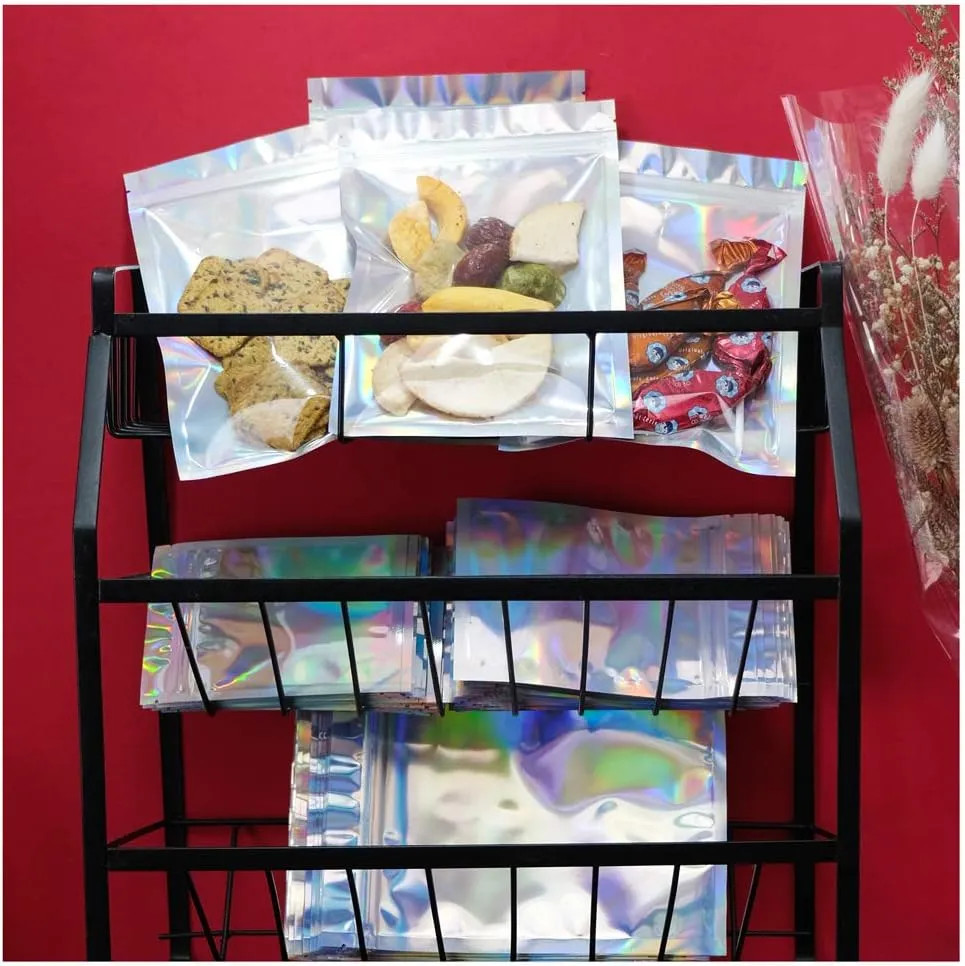 100 Pieces Mylar Holographic Resealable Bags - 5.5 x 7.8" Smell Proof Bags, Foil Pouch for Party Favor Food Storage (Holographic Color, 5.5 x 7.8 Inch)