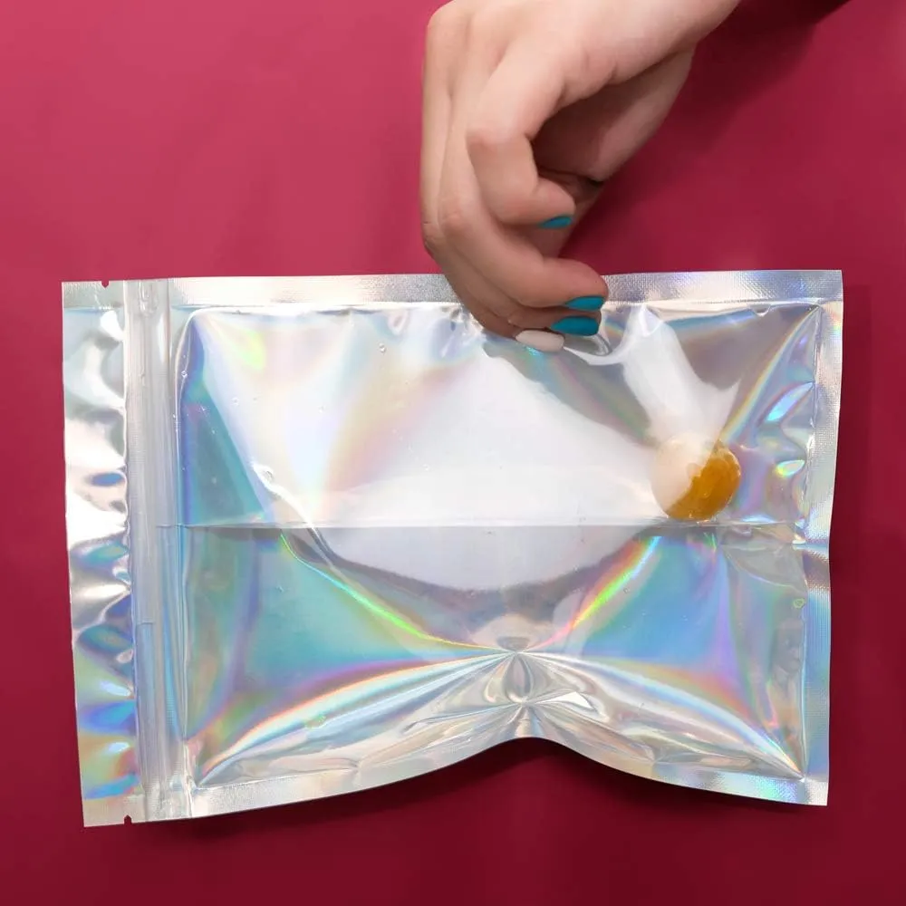 100 Pieces Mylar Holographic Resealable Bags - 5.5 x 7.8" Smell Proof Bags, Foil Pouch for Party Favor Food Storage (Holographic Color, 5.5 x 7.8 Inch)