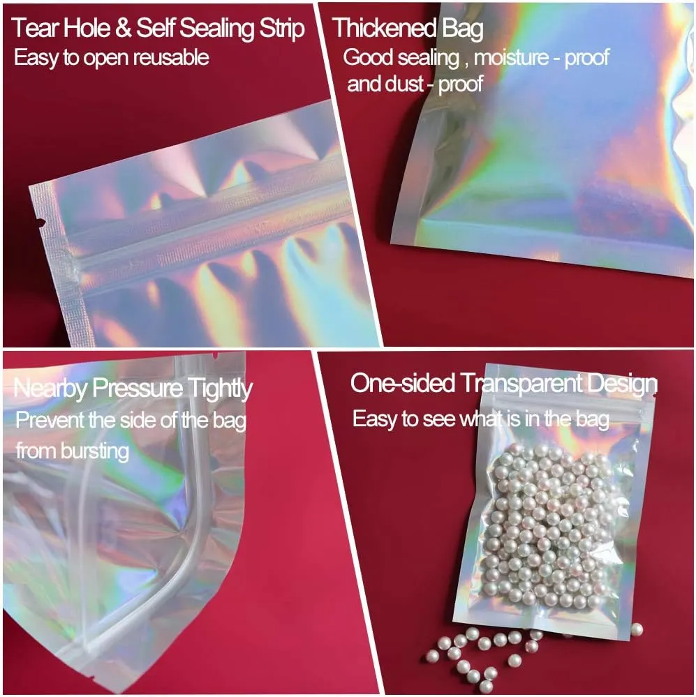 100 Pieces Mylar Holographic Resealable Bags - 5.5 x 7.8" Smell Proof Bags, Foil Pouch for Party Favor Food Storage (Holographic Color, 5.5 x 7.8 Inch)
