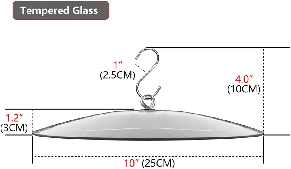 10" Glass Rain Cover for Wild Bird Feeder Outdoors - Weather Guard S Hook Hanging - Protective Dome Baffle - Clear (Dia. 25CM)