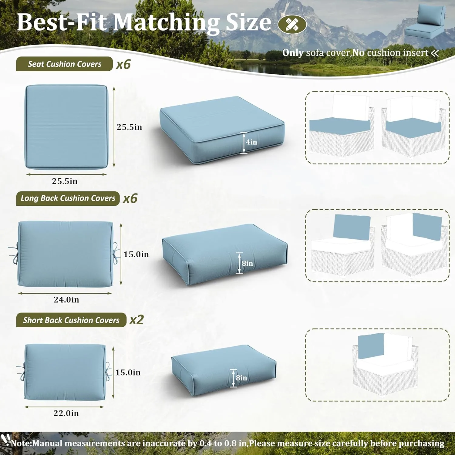 14 Pcs Outdoor Cushion Slipcovers All-Weather Patio Cushion Covers, Replacement Waterproof with Zipper for Patio Furniture, Sectional Couch 3 Sizes, Covers Only