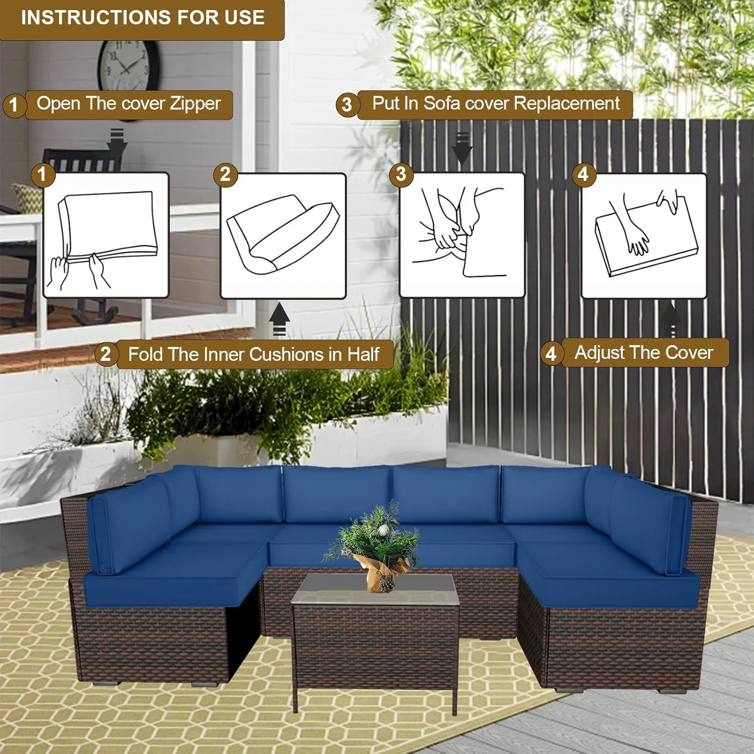 14 Piece Outdoor Patio Cushion Cover Replacement, Waterproof Patio Cushion Covers, Outdoor Furniture Cushion Covers Set for 6 Seat Wicker Rattan Sofa (Blue with White Border, 25.6 * 25.6 * 4 inch)