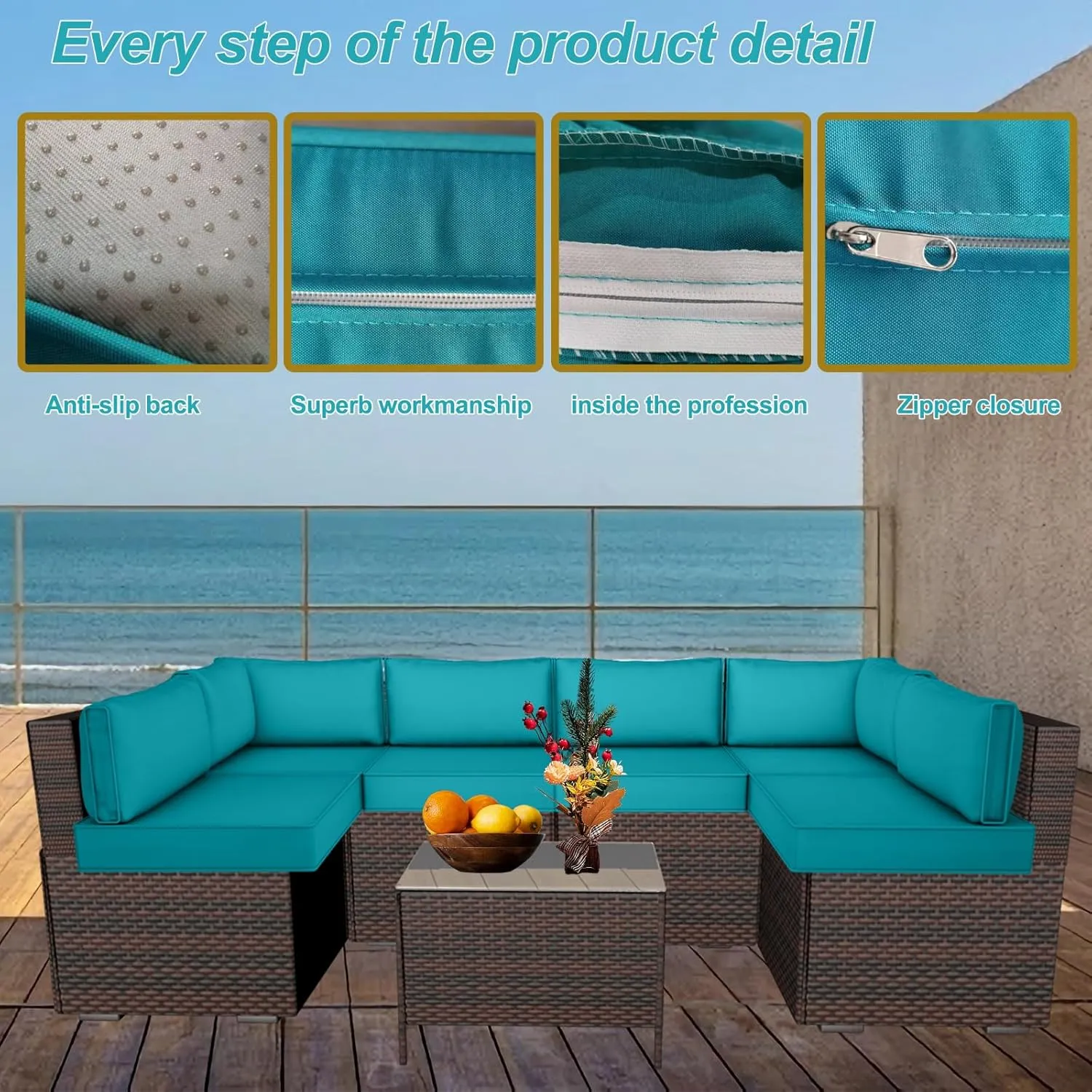 14 Piece Outdoor Patio Cushion Cover Replacement, Waterproof Patio Cushion Covers, Outdoor Furniture Cushion Covers Set for 6 Seat Wicker Rattan Sofa (Lake Blue, 25.6x25.6x4 in)
