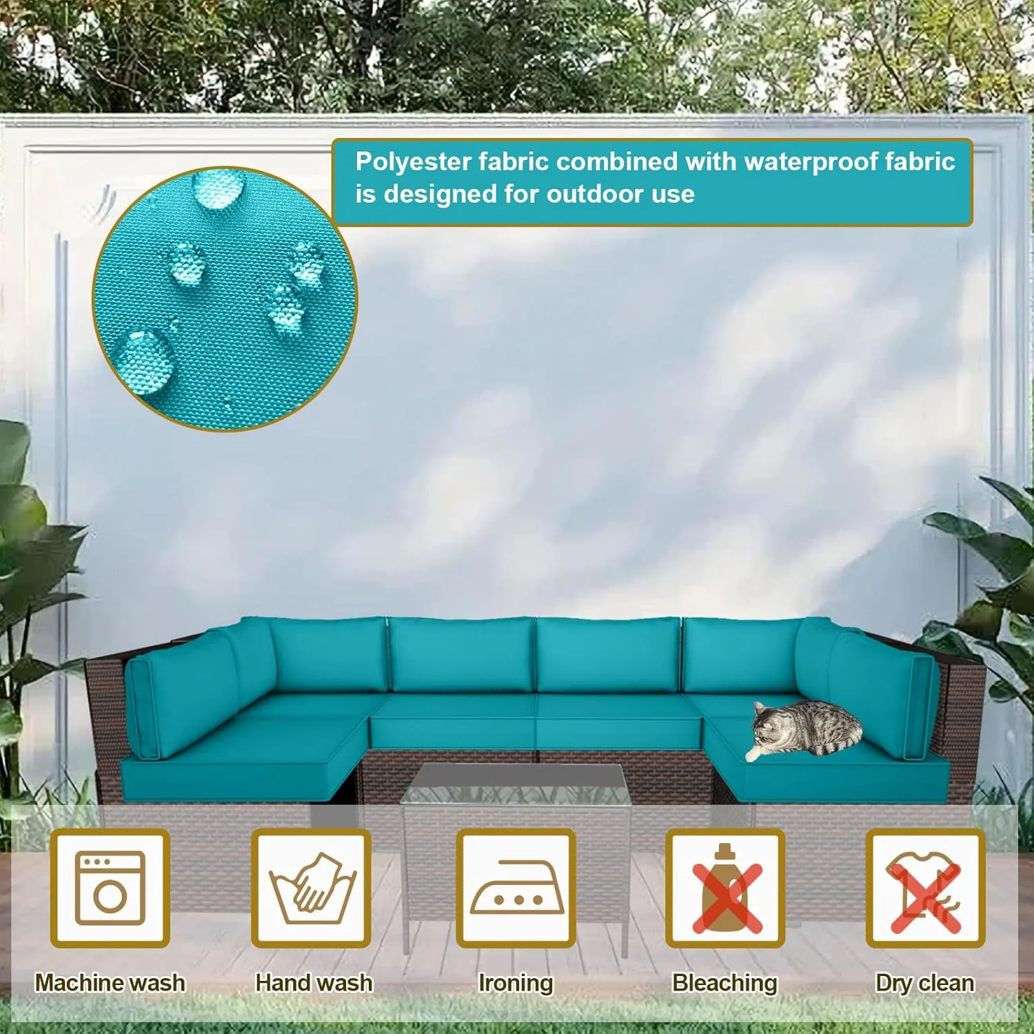 14 Piece Outdoor Patio Cushion Cover Replacement, Waterproof Patio Cushion Covers, Outdoor Furniture Cushion Covers Set for 6 Seat Wicker Rattan Sofa (Lake Blue, 25.6x25.6x4 in)