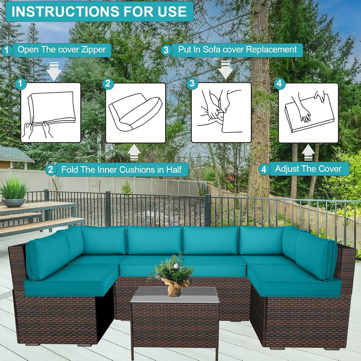 14 Piece Outdoor Patio Cushion Cover Replacement, Waterproof Patio Cushion Covers, Outdoor Furniture Cushion Covers Set for 6 Seat Wicker Rattan Sofa (Lake Blue, 25.6x25.6x4 in)