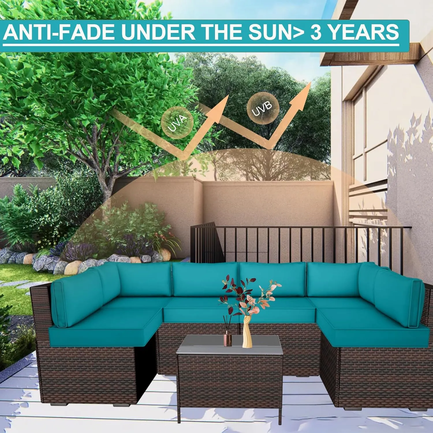 14 Piece Outdoor Patio Cushion Cover Replacement, Waterproof Patio Cushion Covers, Outdoor Furniture Cushion Covers Set for 6 Seat Wicker Rattan Sofa (Lake Blue, 25.6x25.6x4 in)