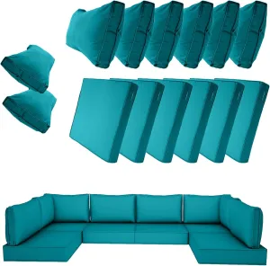 14 Piece Outdoor Patio Cushion Cover Replacement, Waterproof Patio Cushion Covers, Outdoor Furniture Cushion Covers Set for 6 Seat Wicker Rattan Sofa (Lake Blue, 25.6x25.6x4 in)