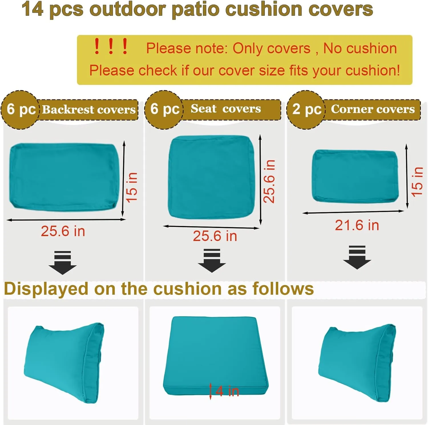 14 Piece Outdoor Patio Cushion Cover Replacement, Waterproof Patio Cushion Covers, Outdoor Furniture Cushion Covers Set for 6 Seat Wicker Rattan Sofa (Lake Blue, 25.6x25.6x4 in)