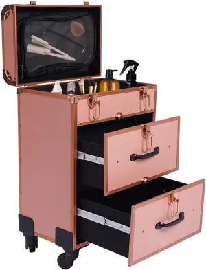 14 x 9 x 23inch Rolling Makeup Case, Large Cosmetic Trolley with Locks, 3 Layers Professional Large Cosmetic Trolley for On The Go Makeup/Nail Art/Hair Styling (Gold)