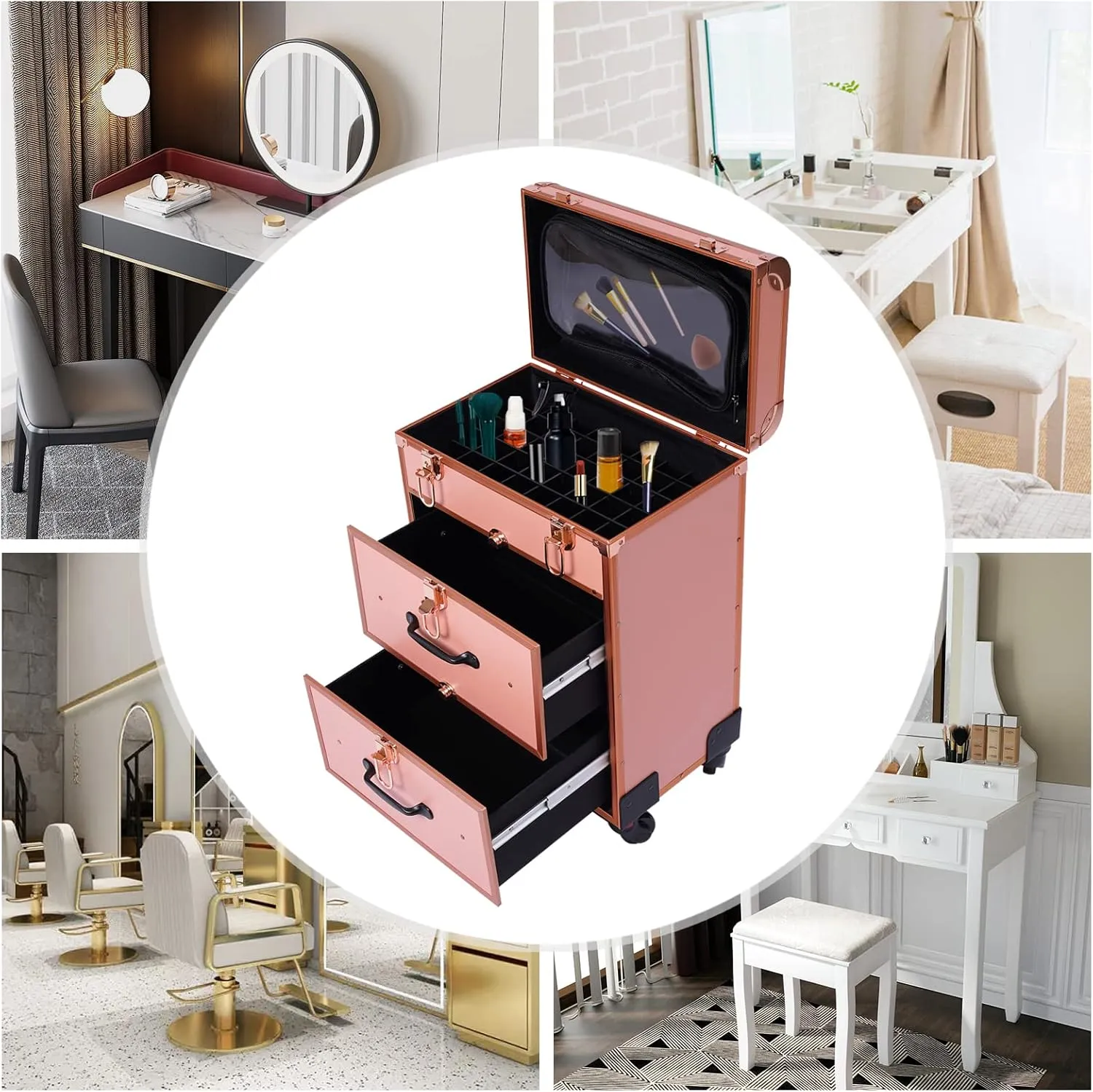 14 x 9 x 23inch Rolling Makeup Case, Large Cosmetic Trolley with Locks, 3 Layers Professional Large Cosmetic Trolley for On The Go Makeup/Nail Art/Hair Styling (Gold)