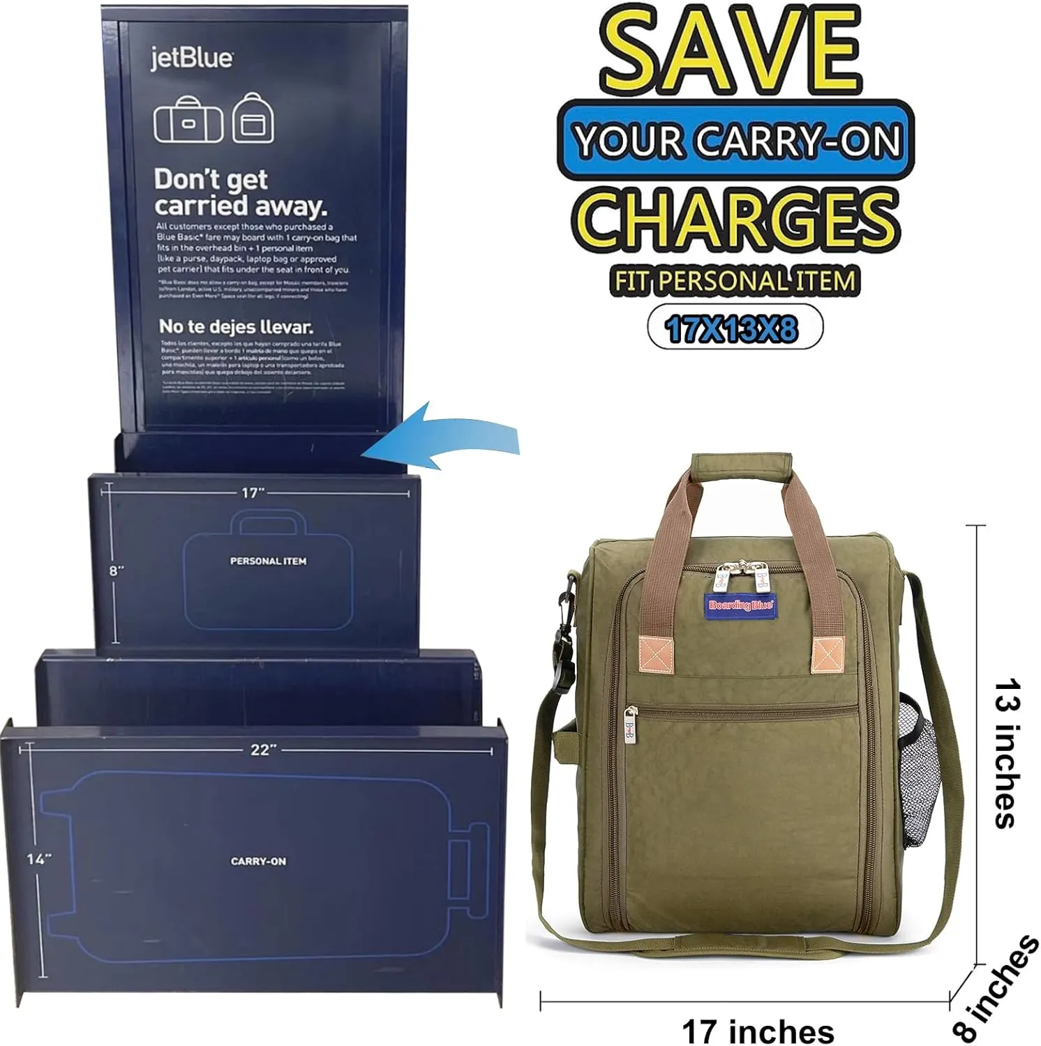 17X13X8 Inches JetBlus Airlines Personal Item Under Seat Duffel bag Suitable for Major Airlines including Spirit, Jetblue, Frontier, and American - Duffel Bag Design (Beige)