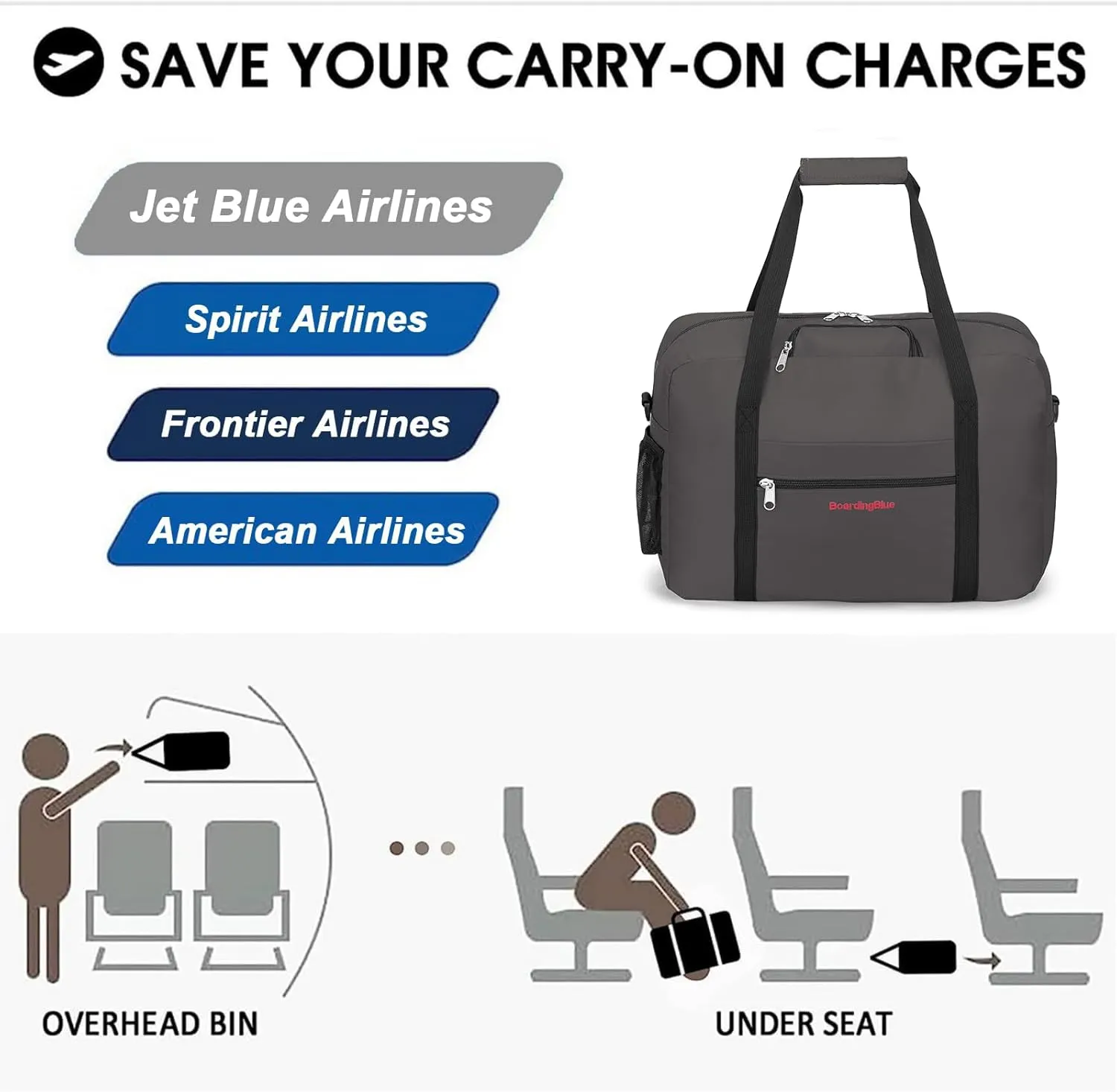 17X13X8 Inches JetBlus Airlines Personal Item Under Seat Duffel Bag With Free Pillow And USB Port Suitable for Major Airlines including Spirit, Jetblue, Frontier, and American (Grey)