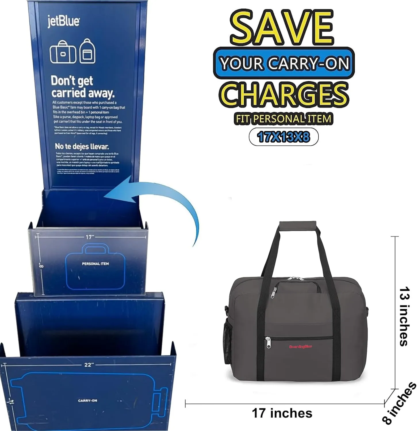 17X13X8 Inches JetBlus Airlines Personal Item Under Seat Duffel Bag With Free Pillow And USB Port Suitable for Major Airlines including Spirit, Jetblue, Frontier, and American (Grey)