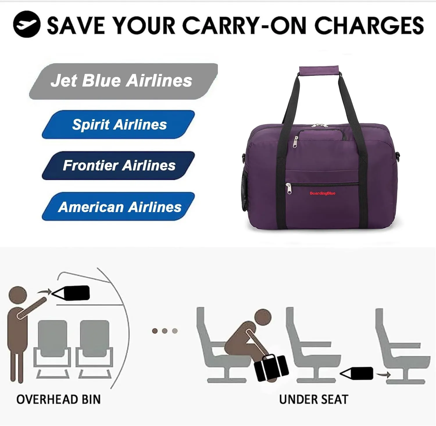 17X13X8 Inches JetBlus Airlines Personal Item Under Seat Duffel Bag With Free Pillow And USB Port Suitable for Major Airlines including Spirit, Jetblue, Frontier, and American (Purple)