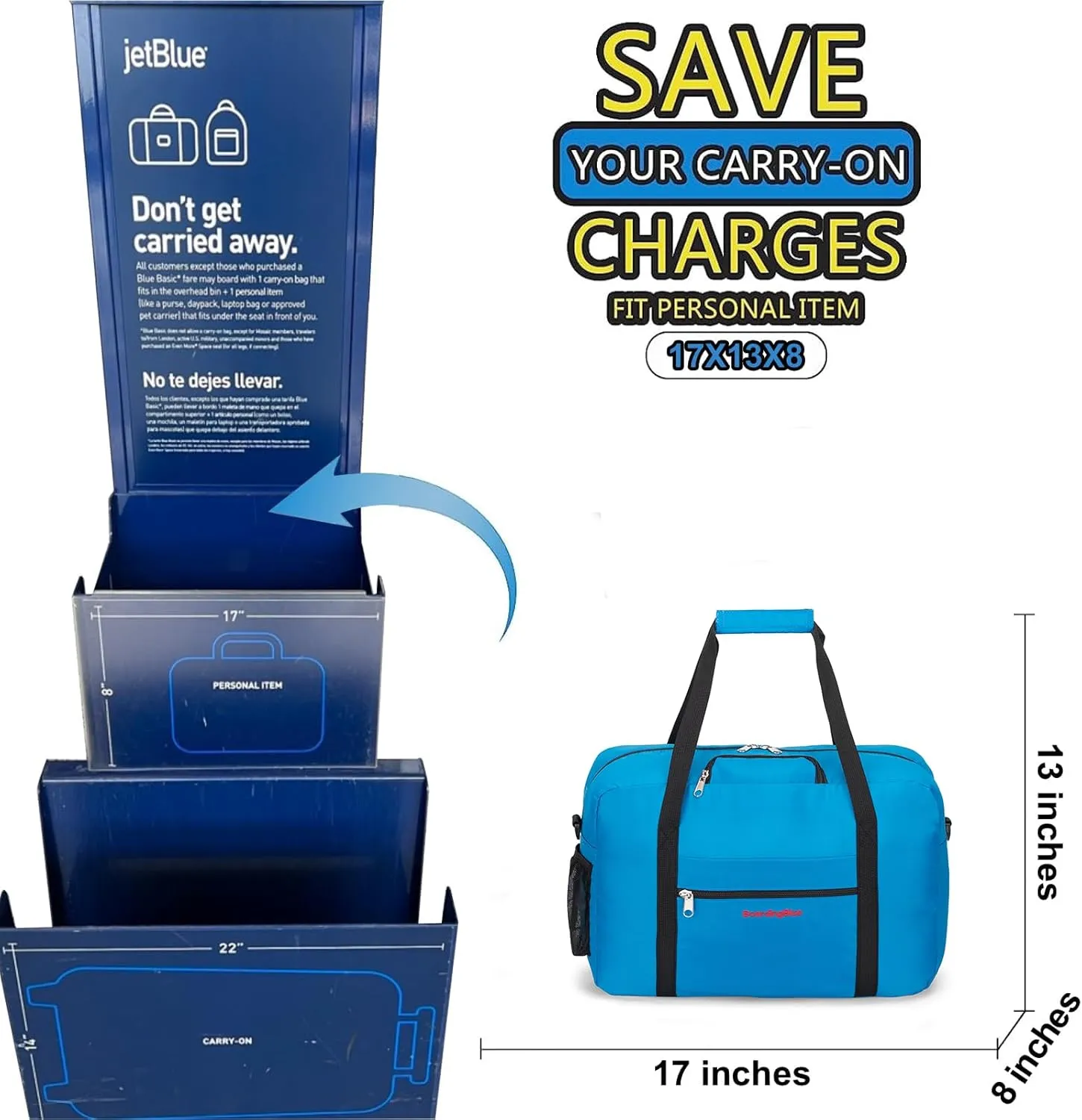 17X13X8 Inches JetBlus Airlines Personal Item Under Seat Duffel Bag With Free Pillow And USB Port Suitable for Major Airlines including Spirit, Jetblue, Frontier, and American (Royal Blue)