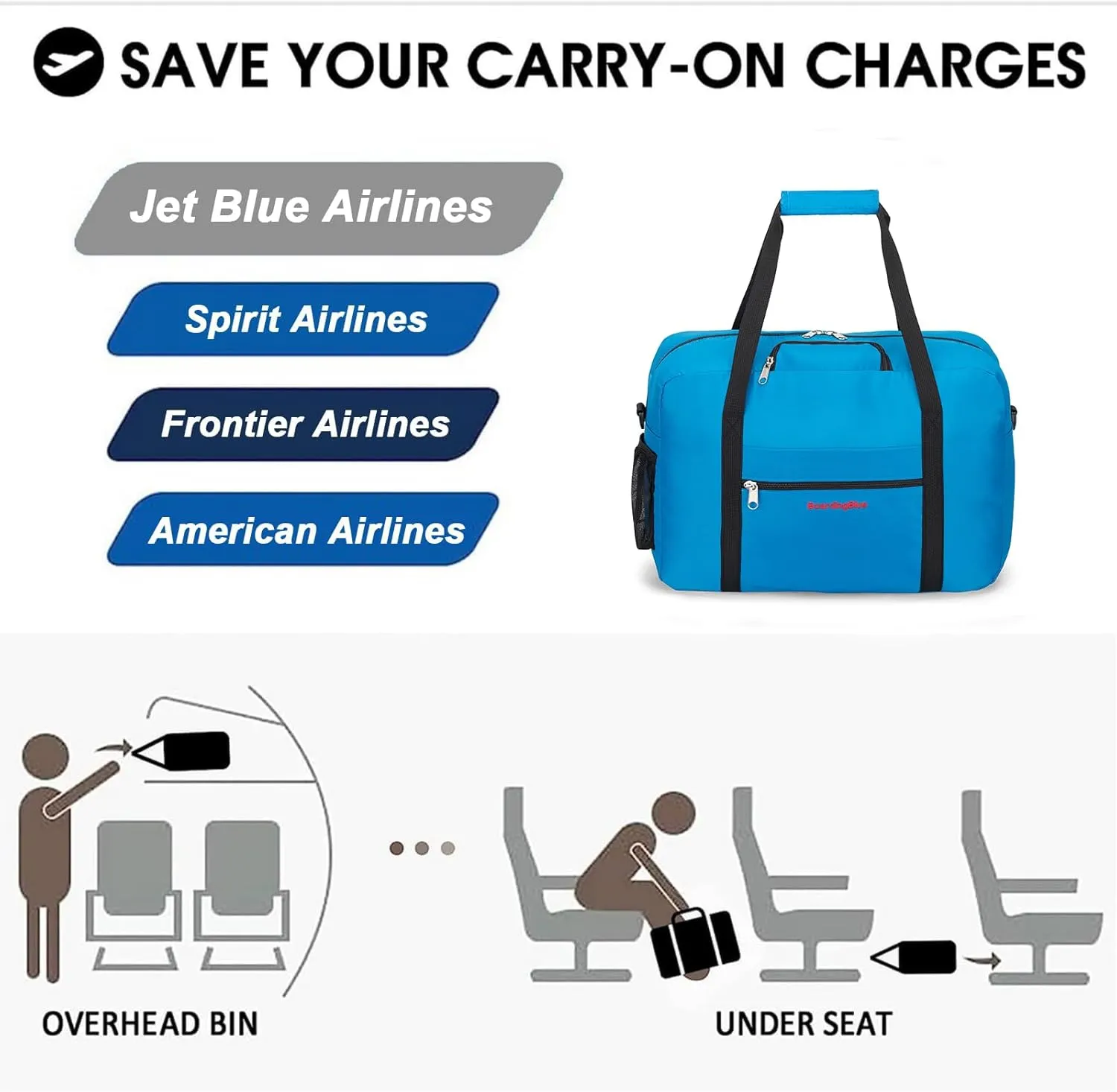 17X13X8 Inches JetBlus Airlines Personal Item Under Seat Duffel Bag With Free Pillow And USB Port Suitable for Major Airlines including Spirit, Jetblue, Frontier, and American (Royal Blue)
