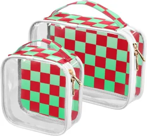 2 Pack clear Buffalo Plaid Check White Red Green Gradient makeup and toiletry TSA approved transparent bag travel cosmetic travel essential