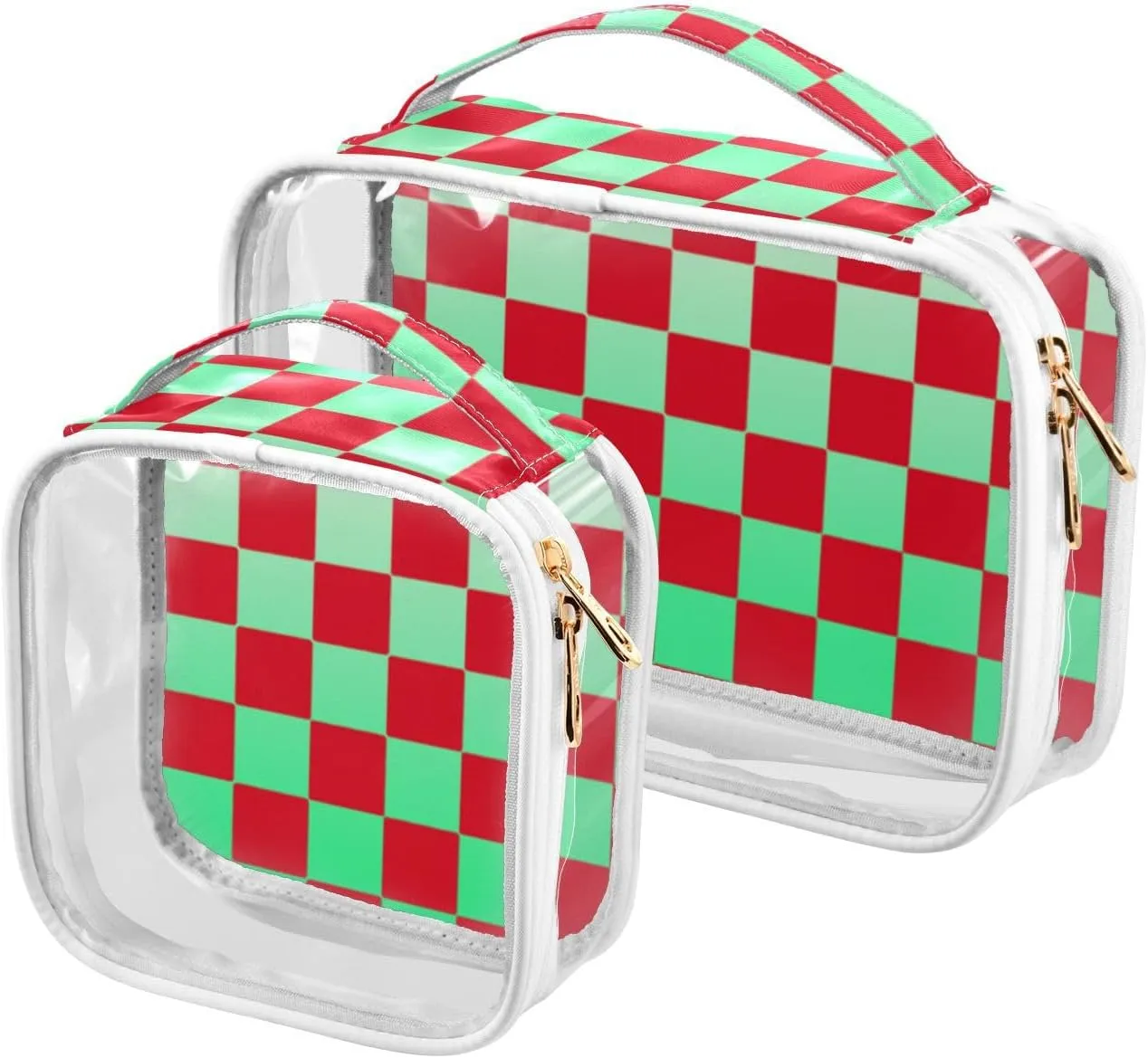 2 Pack clear Buffalo Plaid Check White Red Green Gradient makeup and toiletry TSA approved transparent bag travel cosmetic travel essential