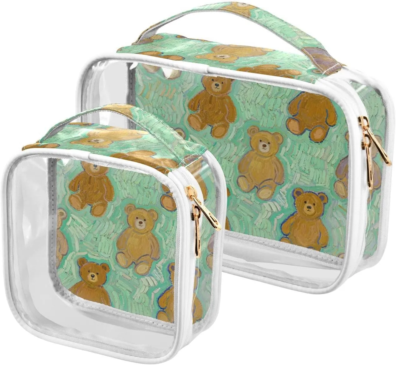 2 Pack clear Green Bear Art Painting hanging travel toiletry TSA approved transparent large cosmetic bag travel essential