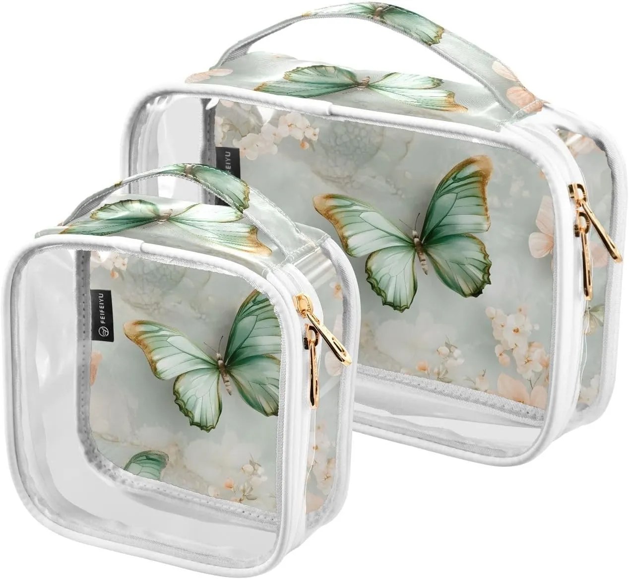 2 Pack Clear Makeup Bag, Green Butterfly Flesh-colored Flower Pattern Cosmetic Organizer Waterproof Travel Toiletry Bags for Women Transparent Handbag Purse