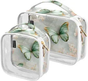 2 Pack Clear Makeup Bag, Green Butterfly Flesh-colored Flower Pattern Cosmetic Organizer Waterproof Travel Toiletry Bags for Women Transparent Handbag Purse