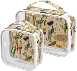 2 Pack clear Meadow Mushroom Wildflower makeup and toiletry TSA approved transparent travel cosmetic bag travel essential