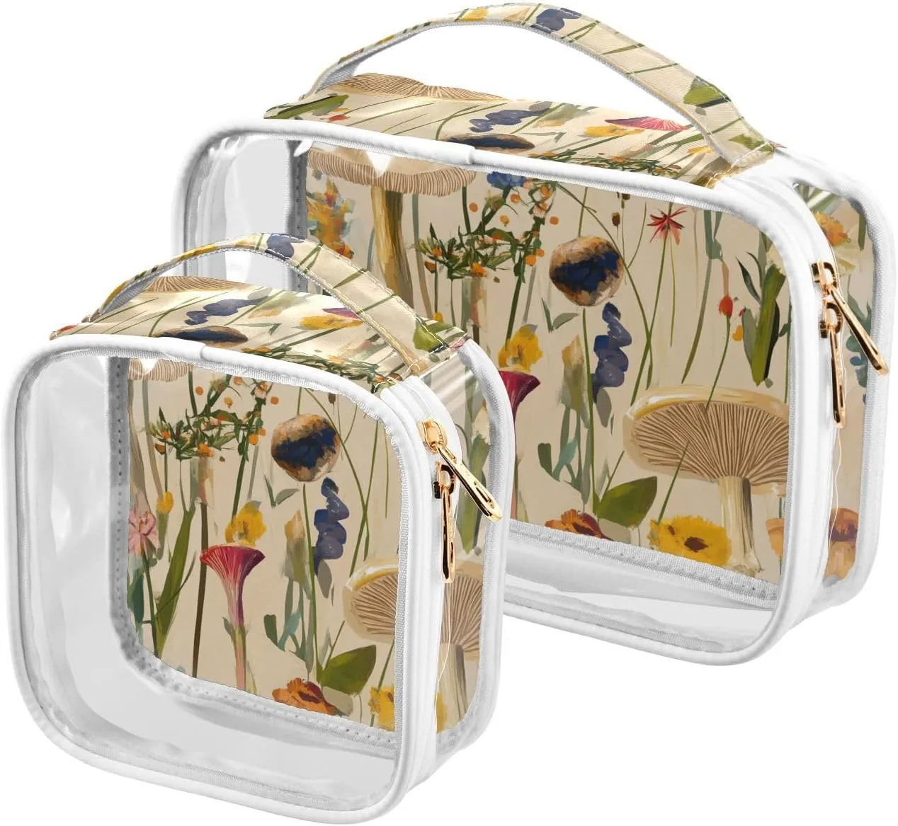 2 Pack clear Meadow Mushroom Wildflower makeup and toiletry TSA approved transparent travel cosmetic bag travel essential