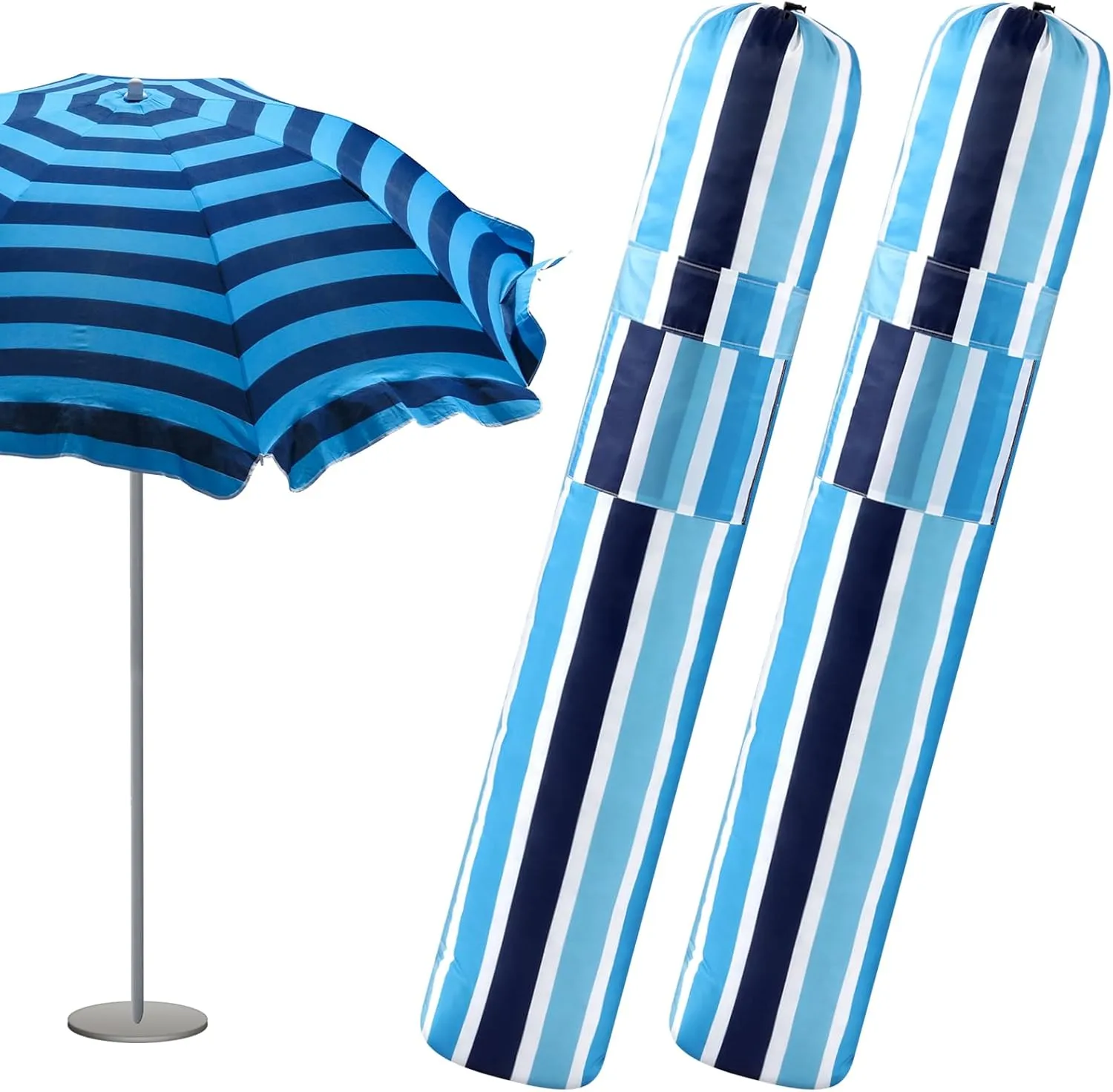2 Pcs Beach Umbrella Storage Bag Foldable Waterproof Beach Bag for Umbrellas with Wide Padded Shoulder Strap & Molded Carry Handle Summer Stripe Blue Patio Storage Carrying Covers