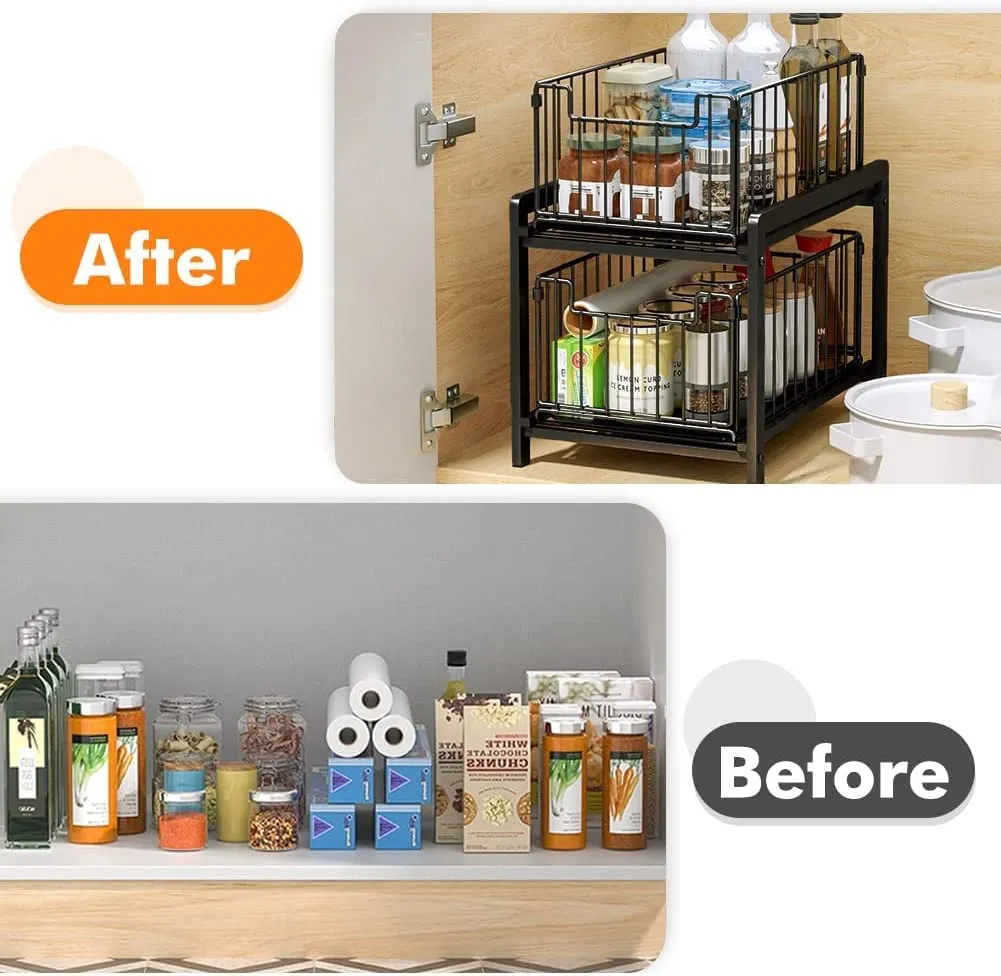 2-Tier Storage Shelf Cabinet Rack Under Sink,Multi-Purpose Cabinet Organiser with Sliding Storage Drawer, Pull-Out Home Organiser for Bathroom Kitchen