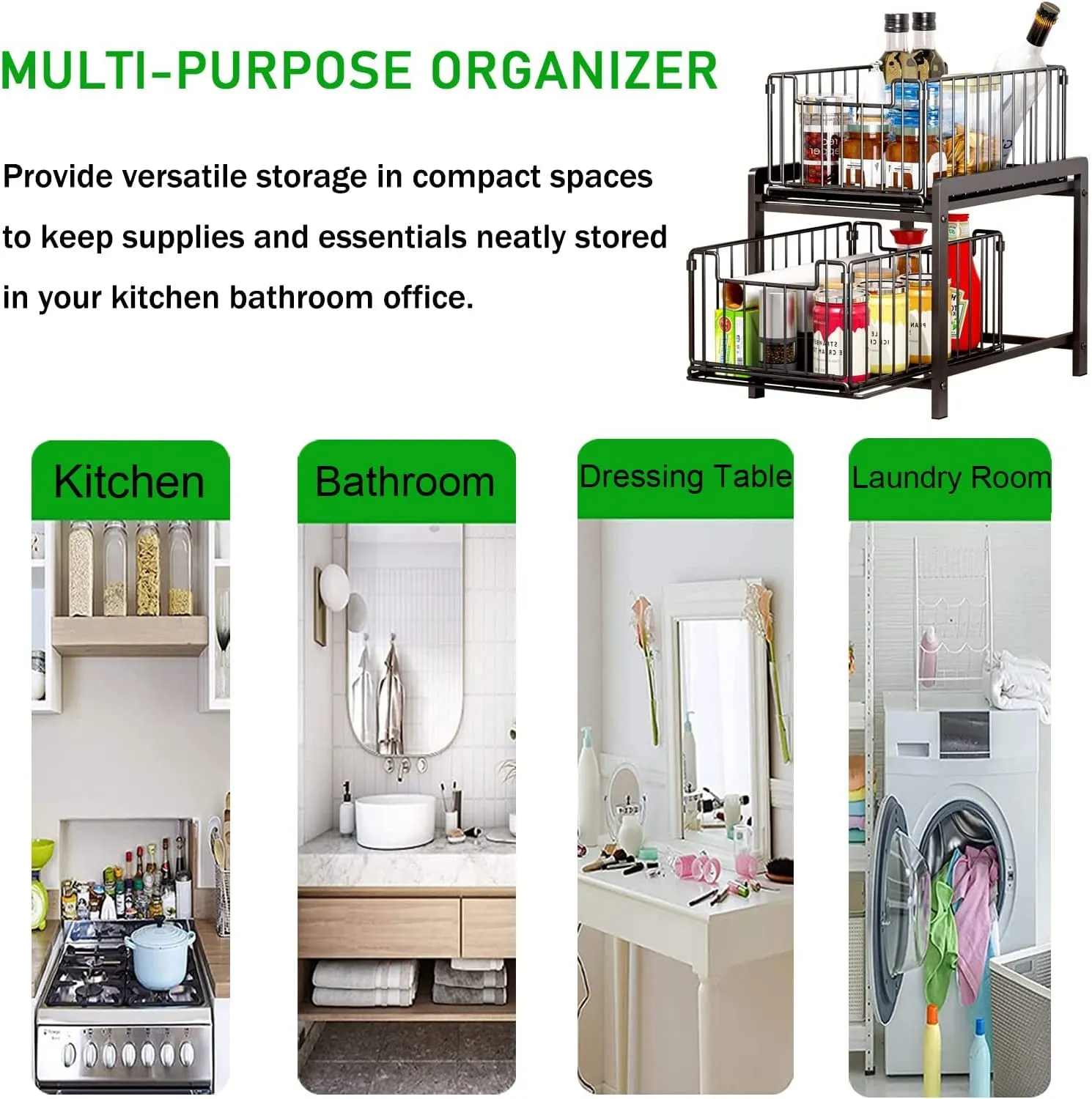 2-Tier Storage Shelf Cabinet Rack Under Sink,Multi-Purpose Cabinet Organiser with Sliding Storage Drawer, Pull-Out Home Organiser for Bathroom Kitchen