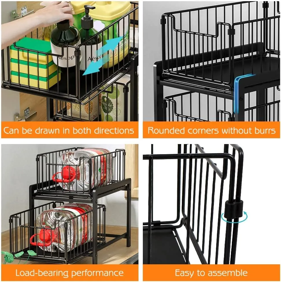 2-Tier Storage Shelf Cabinet Rack Under Sink,Multi-Purpose Cabinet Organiser with Sliding Storage Drawer, Pull-Out Home Organiser for Bathroom Kitchen