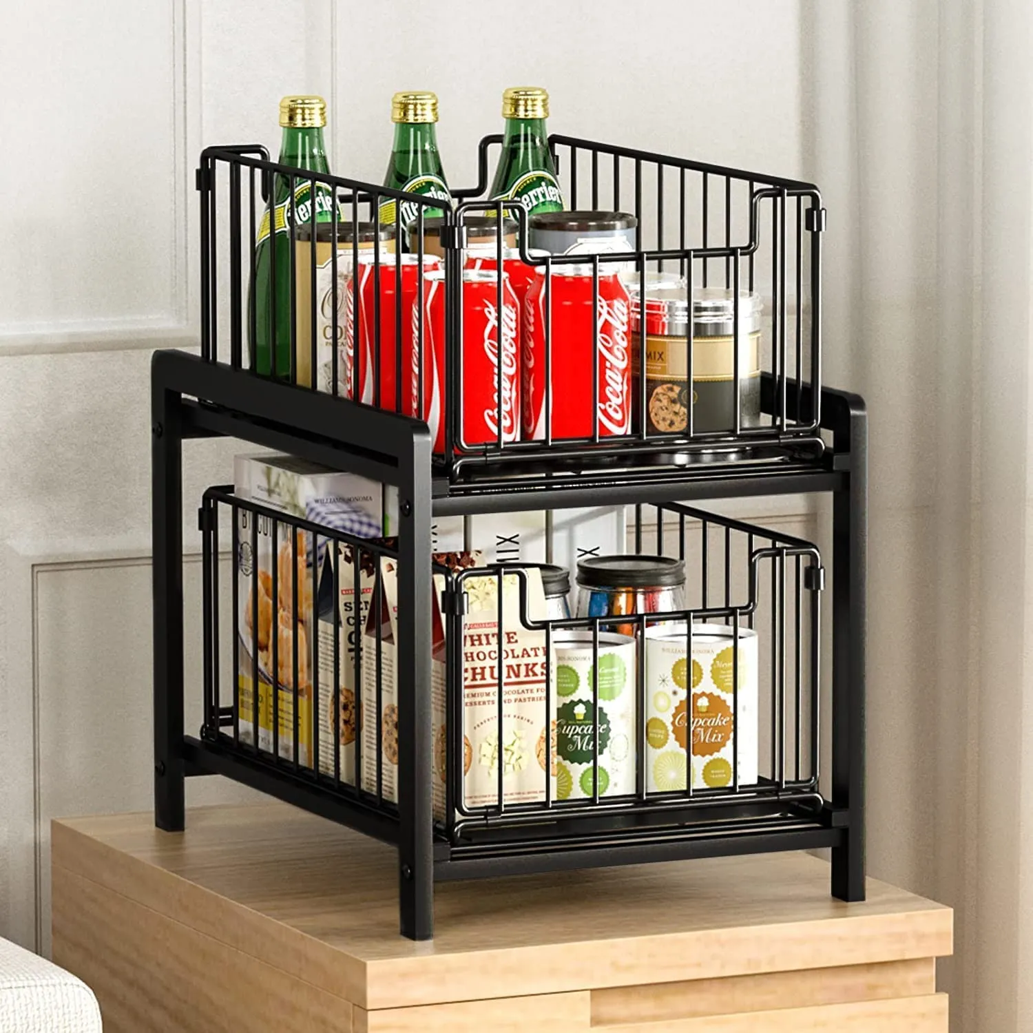 2-Tier Storage Shelf Cabinet Rack Under Sink,Multi-Purpose Cabinet Organiser with Sliding Storage Drawer, Pull-Out Home Organiser for Bathroom Kitchen