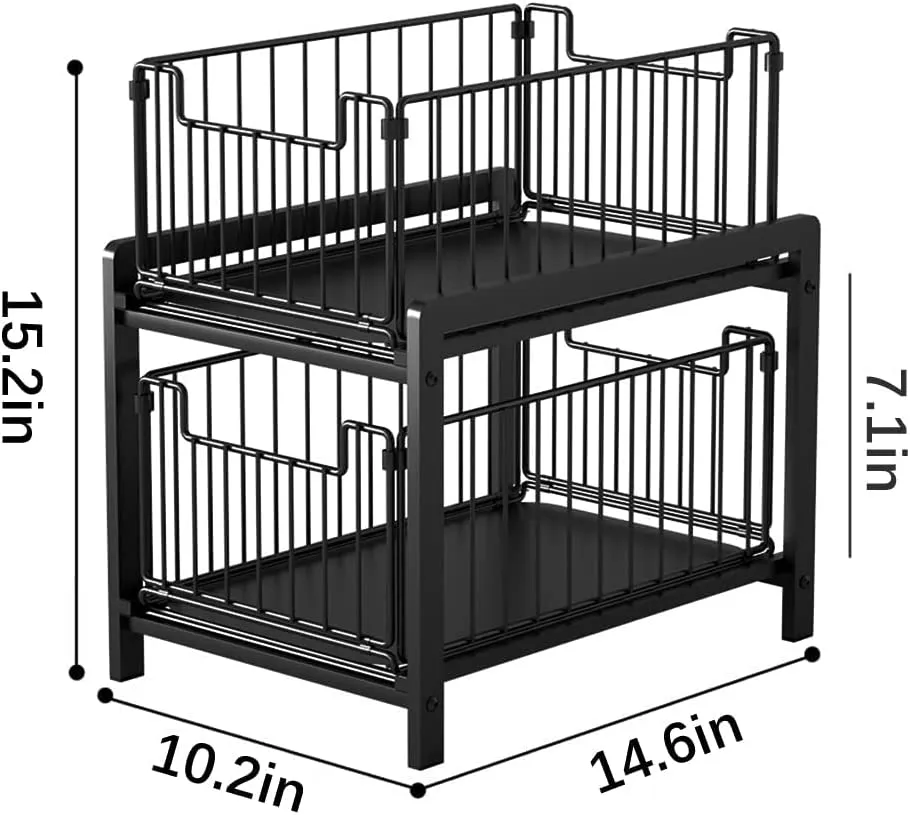 2-Tier Storage Shelf Cabinet Rack Under Sink,Multi-Purpose Cabinet Organiser with Sliding Storage Drawer, Pull-Out Home Organiser for Bathroom Kitchen
