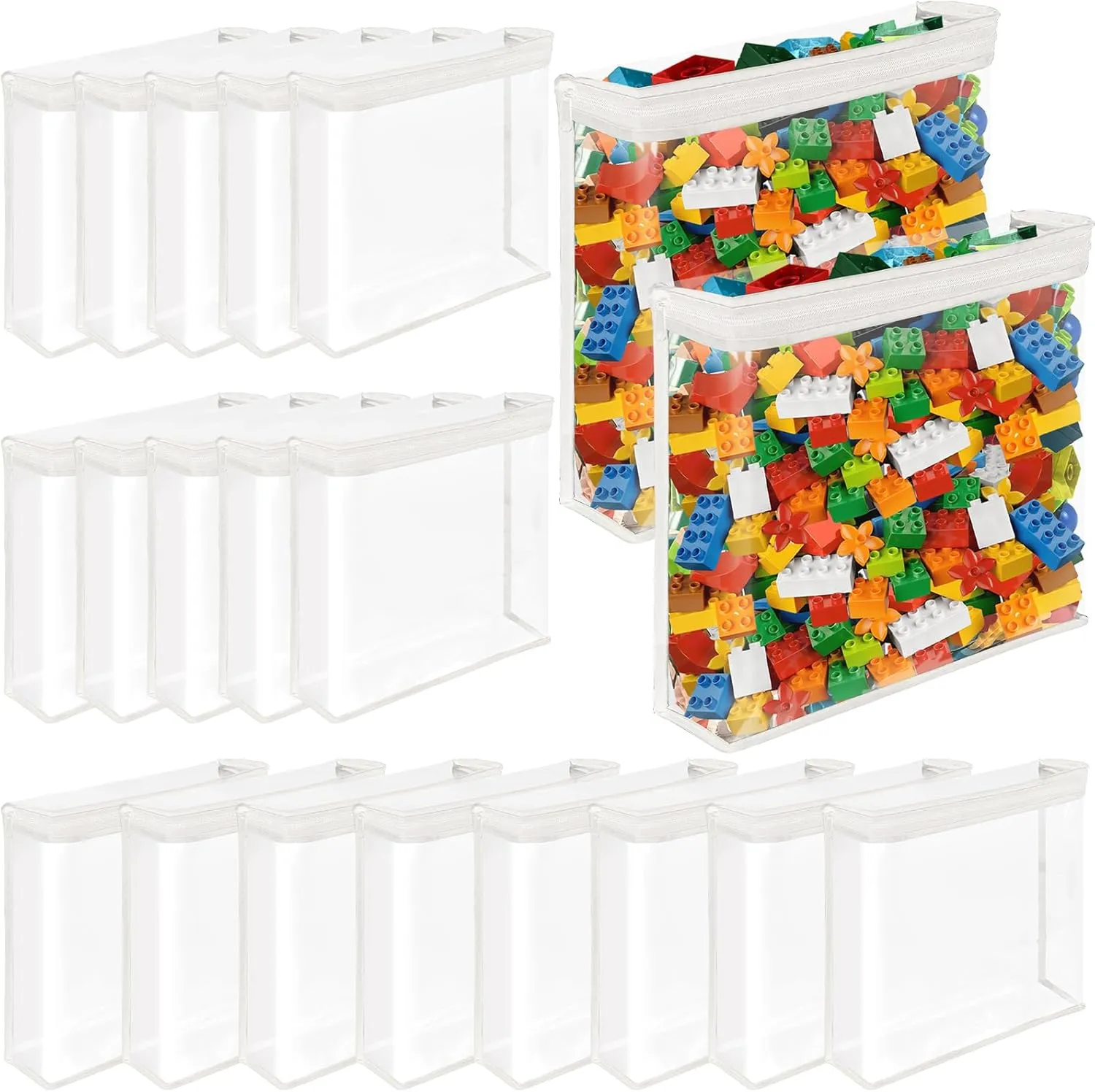 20 Pack Clear Toy Storage Bags PVC Organizing Bag with Zippered, Toys Storage Organizer with Portable Handheld，Waterproof Toy Bags for Board Games Clay, Building Blocks, Toys,White