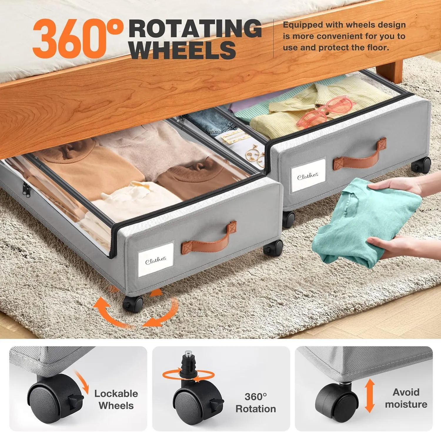 2Pack Under Bed Storage with Wheels,30.71 * 17.13 * 6.5 Inches Foldable Underbed Storage Containers Organizers Bins for Clothes Shoes Blankets Sweater (Grey)