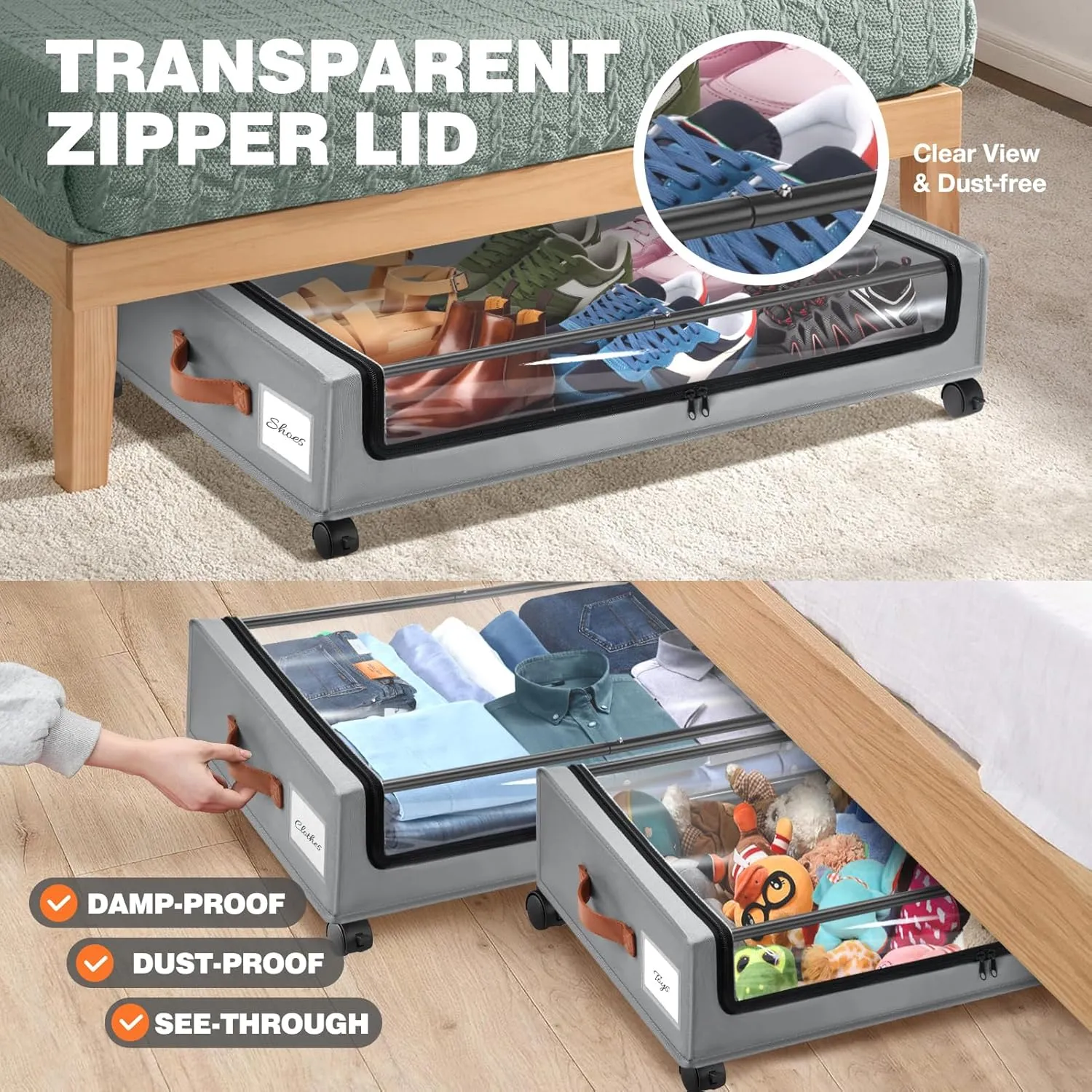 2Pack Under Bed Storage with Wheels,30.71 * 17.13 * 6.5 Inches Foldable Underbed Storage Containers Organizers Bins for Clothes Shoes Blankets Sweater (Grey)
