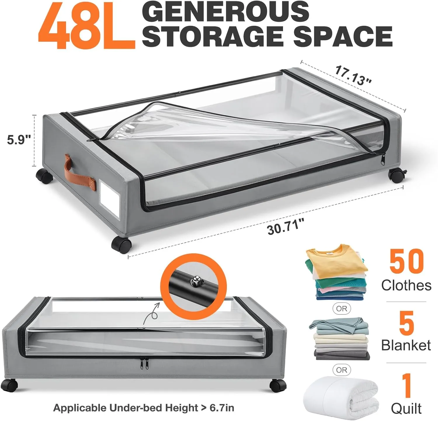 2Pack Under Bed Storage with Wheels,30.71 * 17.13 * 6.5 Inches Foldable Underbed Storage Containers Organizers Bins for Clothes Shoes Blankets Sweater (Grey)