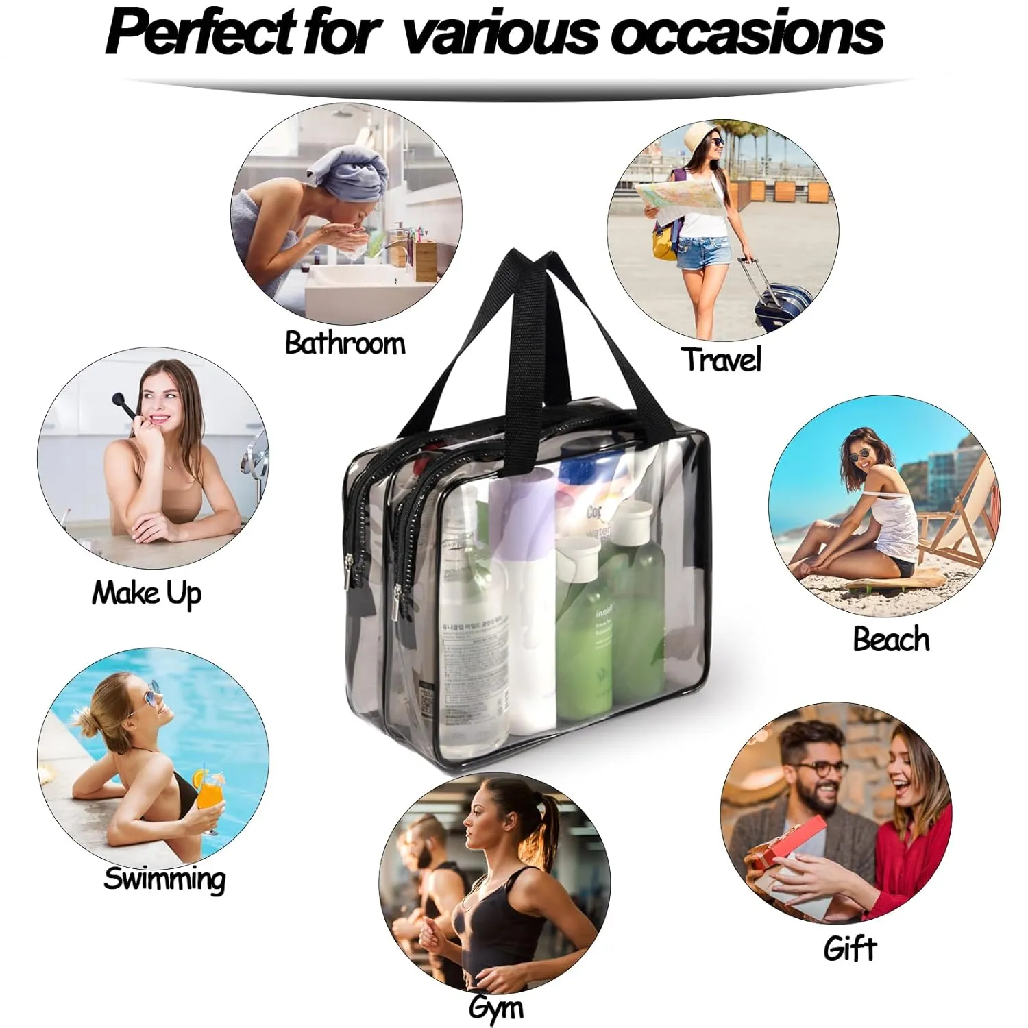 2Pcs Crystal Clear PVC Travel Toiletry Bag Kit for Women Men, Waterproof Vinyl Organizer Clear Makeup Bags with Zipper, Cosmetic Bag Pouch Carry on Airport Airline Compliant Bag Handbag (Double Layer)