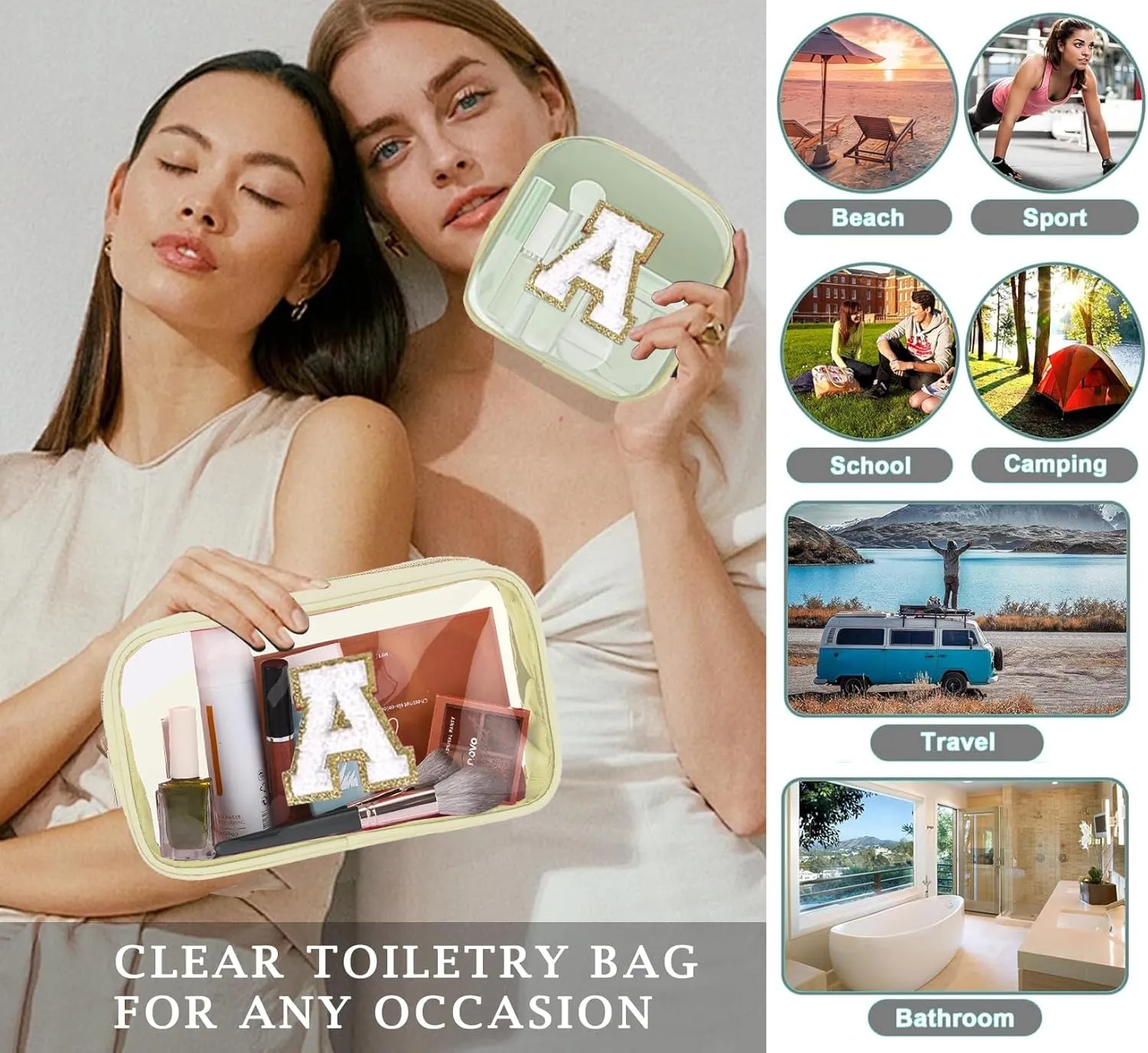 2pcs Personalized Initial Letter Clear Makeup Bag | Waterproof Nylon Preppy Cosmetic Bag | Travel Toiletry Bag | Monogrammed Gifts for Women Girl | Wedding Bridal Shower Gifts for Bridesmaids(Beige R)