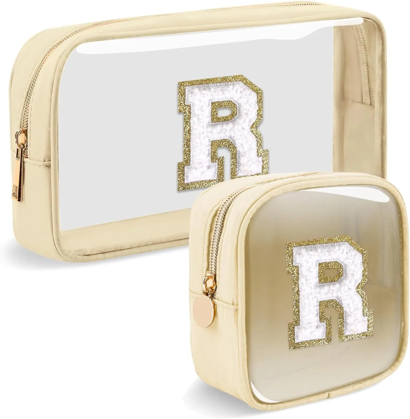 2pcs Personalized Initial Letter Clear Makeup Bag | Waterproof Nylon Preppy Cosmetic Bag | Travel Toiletry Bag | Monogrammed Gifts for Women Girl | Wedding Bridal Shower Gifts for Bridesmaids(Beige R)