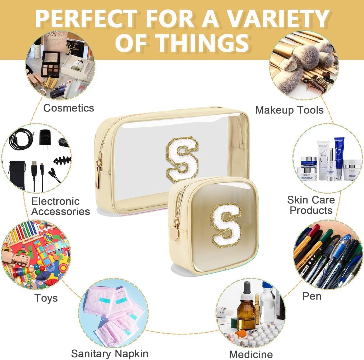 2pcs Personalized Initial Letter Clear Makeup Bag | Waterproof Nylon Preppy Cosmetic Bag | Travel Toiletry Bag | Monogrammed Gifts for Women Girl | Wedding Bridal Shower Gifts for Bridesmaids(Beige R)