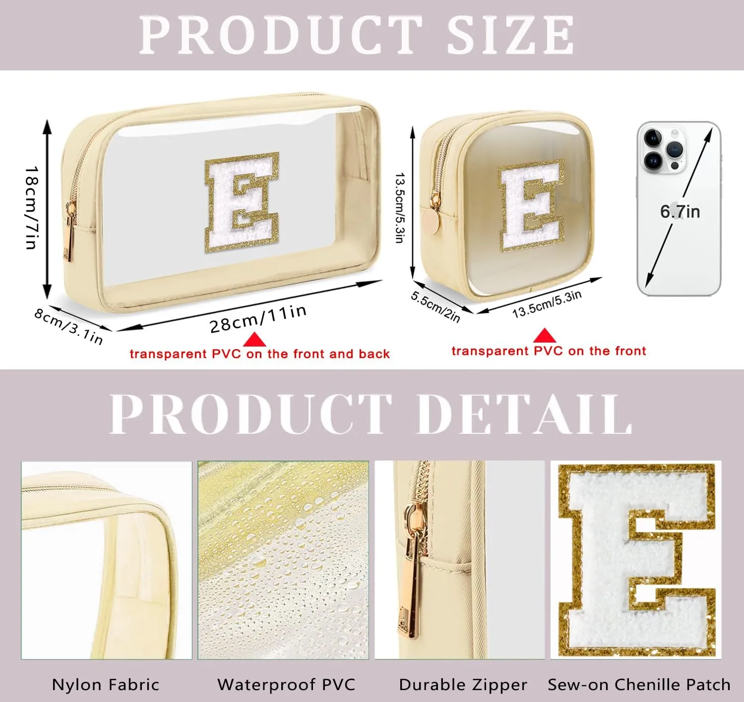 2pcs Personalized Initial Letter Clear Makeup Bag | Waterproof Nylon Preppy Cosmetic Bag | Travel Toiletry Bag | Monogrammed Gifts for Women Girl | Wedding Bridal Shower Gifts for Bridesmaids(Beige R)