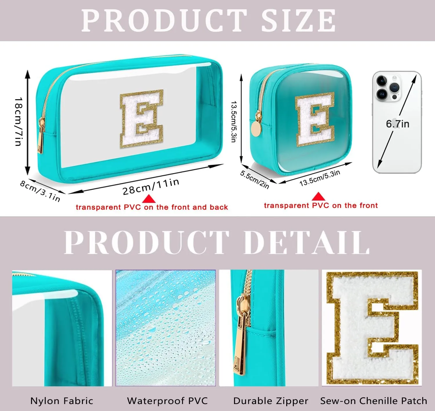 2pcs Personalized Initial Letter Clear Makeup Bag | Waterproof Nylon Preppy Cosmetic Bag | Travel Toiletry Bag | Monogrammed Gifts for Women Girl | Wedding Bridal Shower Gifts for Bridesmaids(Blue H)
