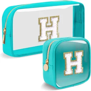 2pcs Personalized Initial Letter Clear Makeup Bag | Waterproof Nylon Preppy Cosmetic Bag | Travel Toiletry Bag | Monogrammed Gifts for Women Girl | Wedding Bridal Shower Gifts for Bridesmaids(Blue H)